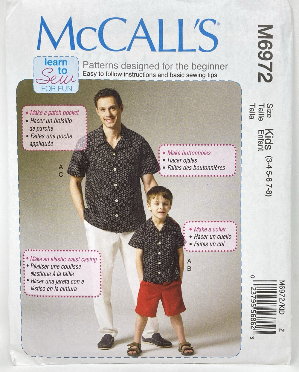 McCalls Pattern 6972 Learn To Sew Boy's Shirt, Shorts & Pants Kids Sz 3-8 UNCUT